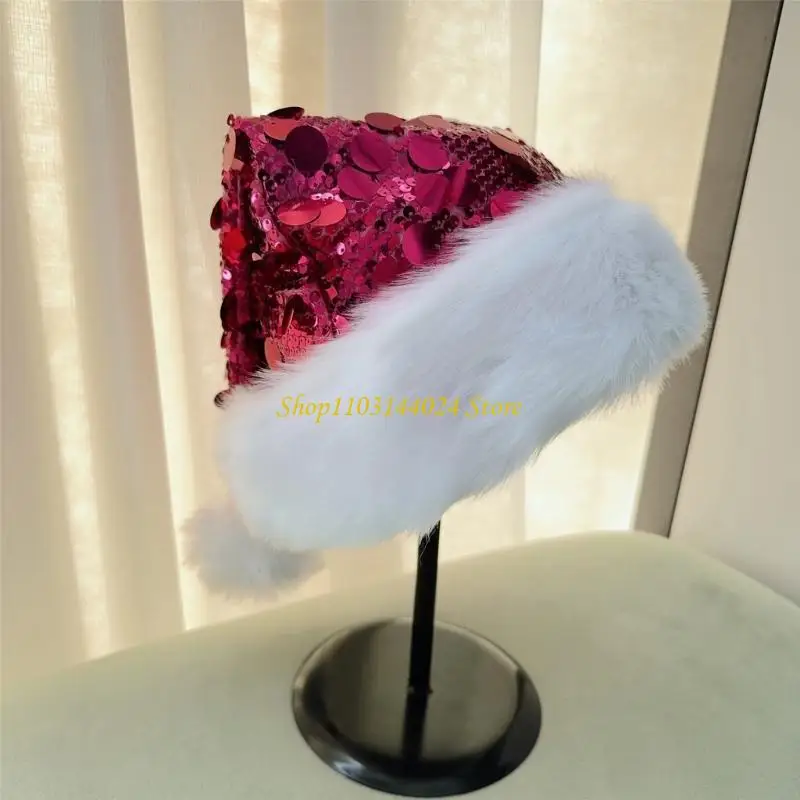 N5KE Weihnachtsthema-Partyhut für Erwachsene, glitzernde Pailletten, Weihnachtsmannmützen, Festival-Requisiten, Noel-Hut für – Detail 7