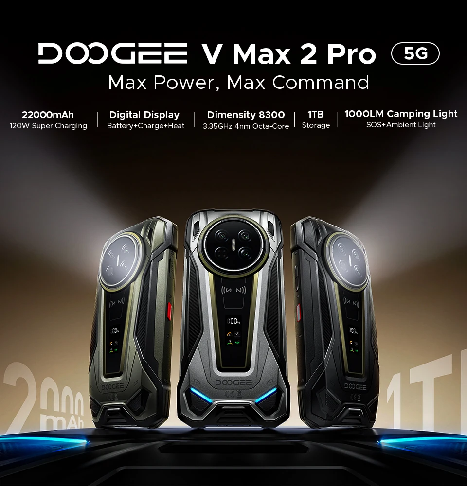 DOOGEE V Max 2 Pro 5G Rugged Phone, World Premiere, 6.78" Display, 48GB(16+32) RAM + 1TB ROM, 22000mAh Big Battery, Android 16, Dual Camping Lights, Dual Speakers, 120W Super Fast Charging