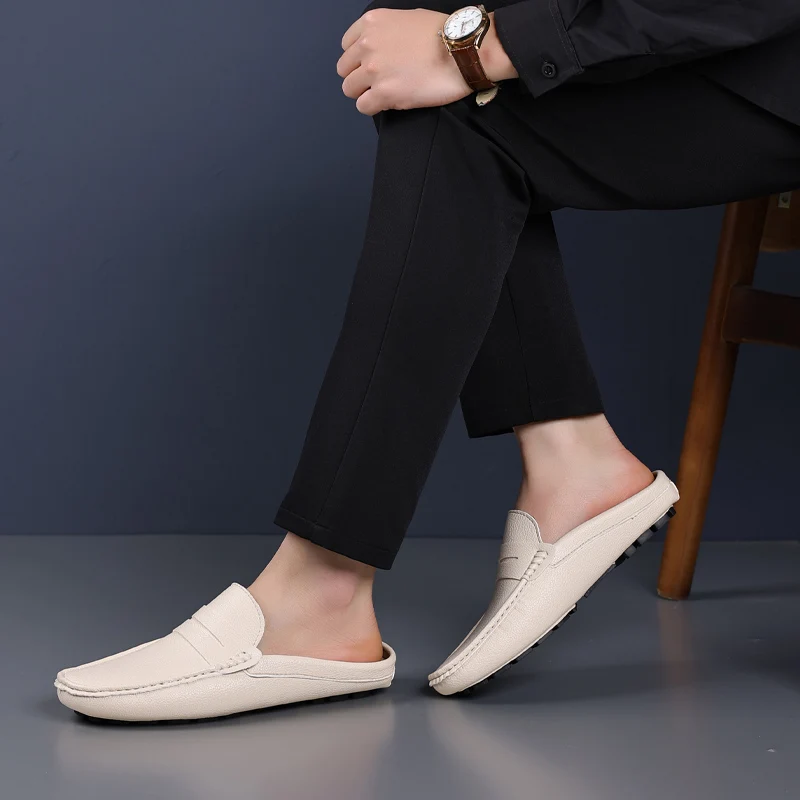 YRZL Hausschuhe, Sommer-Slip-on-Halbschuhe für Herren, Leder-Hausschuhe, lässig, atmungsaktiv, bequeme Slipper, Mokassins, Braun, Schwarz, Beige – Detail 5