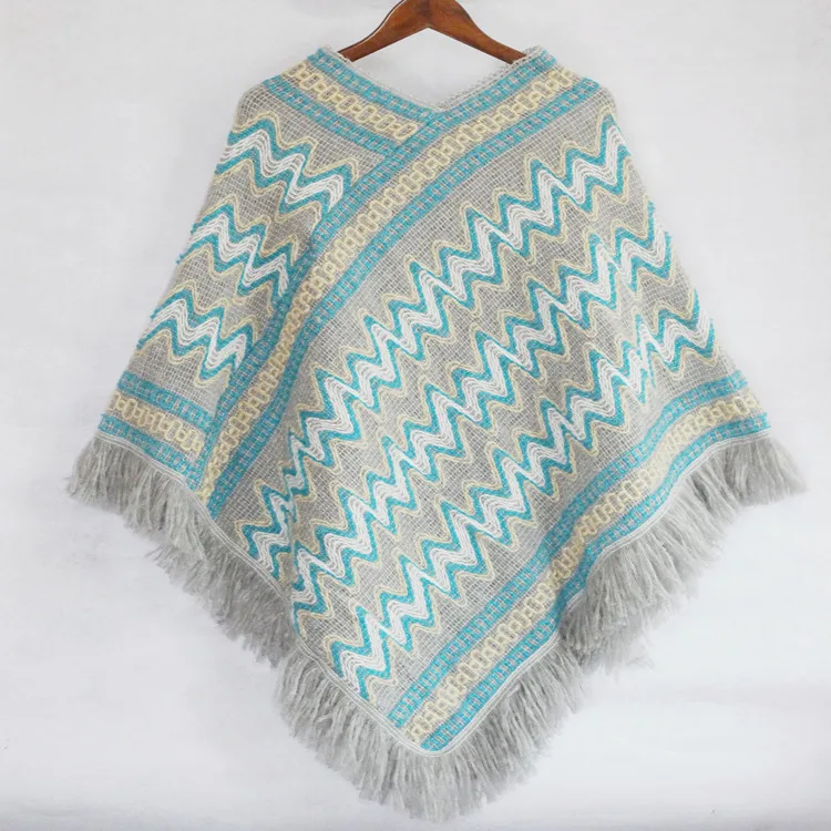 

Poncho Cloak Knitted Cape Tassel Women Autumn and Winter Leisure Ethnic Tourism and Shopping Coat Lady Warm Blue