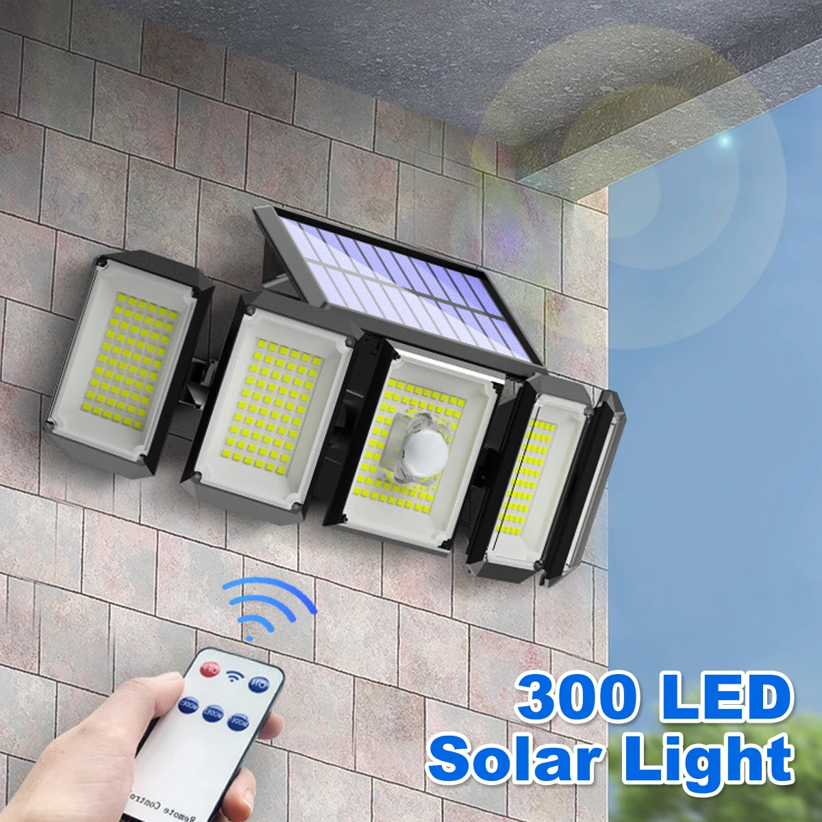 

300LEDs Solar Light Outdoor Waterproof Motion Sensor 5 Adjustable Heads Security Wall Lamp For Garden Decor With Remote Control