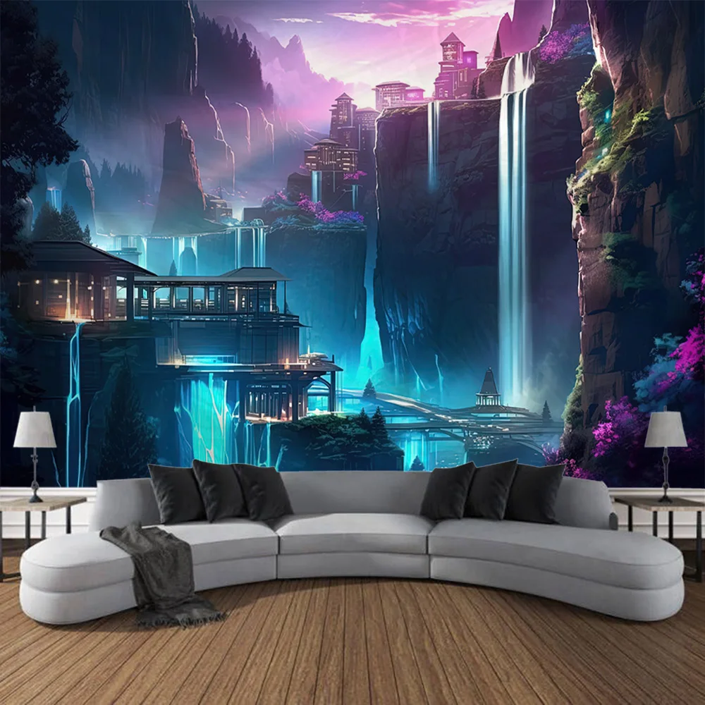 Colorful dreamy waterfall tapestry wall hanging forest night starry sky landscape home decoration dormitory living room bedroom tapestry decor