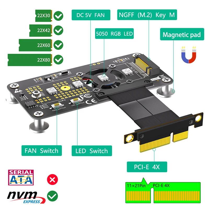 냉각 선풍기 RGB LED 마그네틱 패드 포함 익스텐션 케이블 라이저 보드, PCI 익스프레스 3.0 4X-M 키 컨버터, M.2 NVME-PCIE X4, 10cm