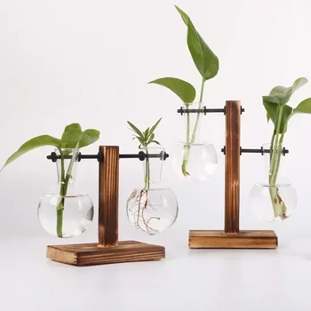 Vase à ampoule Transparent avec support en bois, jardinière en verre de bureau pour plantes hydroponiques, décor de salle de café 1