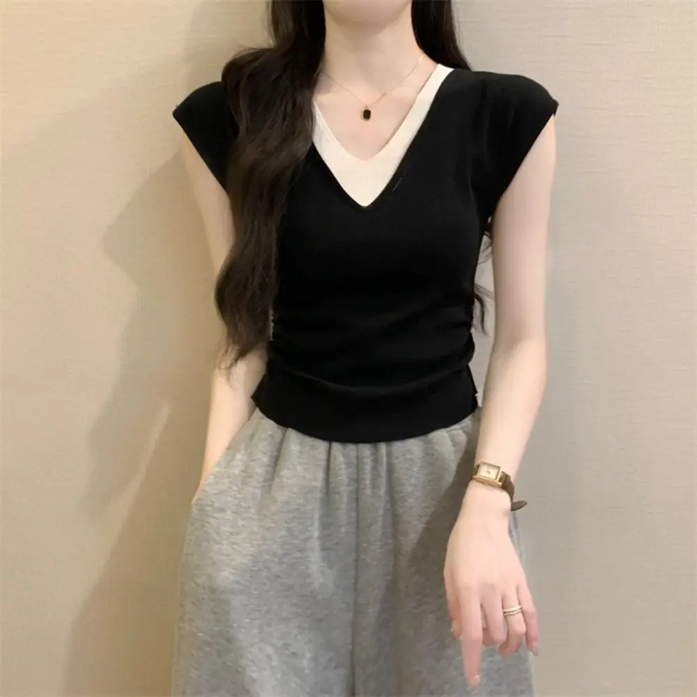 Simple Patchwork Fake Two Pieces T-shirts V-neck Korean Style Slim Crop Top Short Sleeve Sweet Girl's Top Streetwear