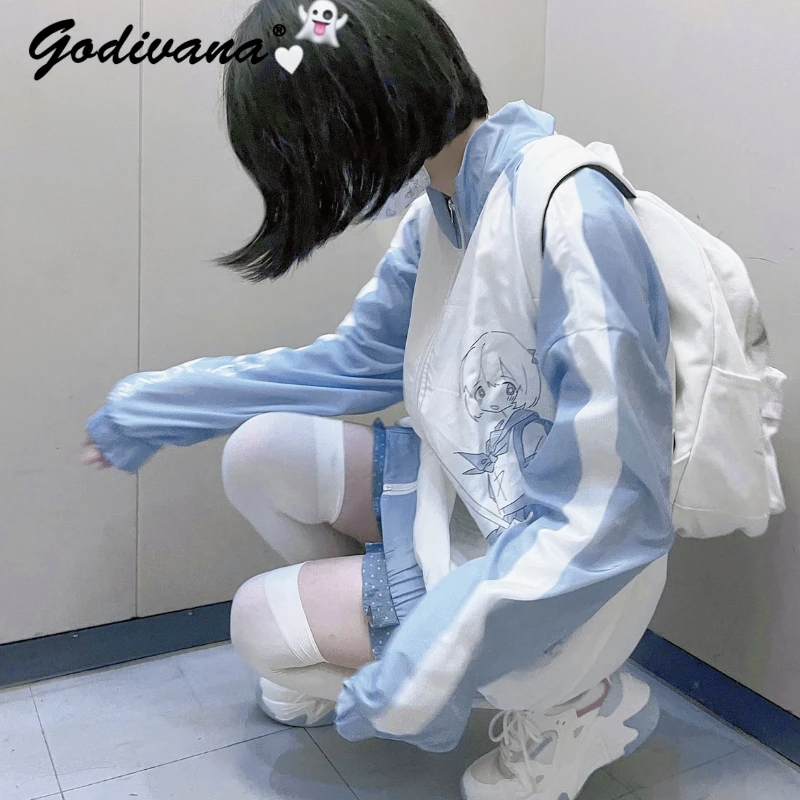 

Water Blue Zipper Jacket Spring and Autumn Student Girls Original Blue White Loose Print Sportswear Jacket Casual Hoodies