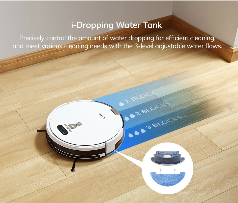ILIFE V8 Plus Robot and Mop ,Water Tank,750MLdust box, Restricted Area