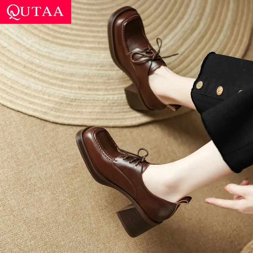 

QUTAA 2023 Classic Women Pumps Spring Summer Office Ladies Dress Thick High Heels Genuine Leather Shoes Woman Size 34-39