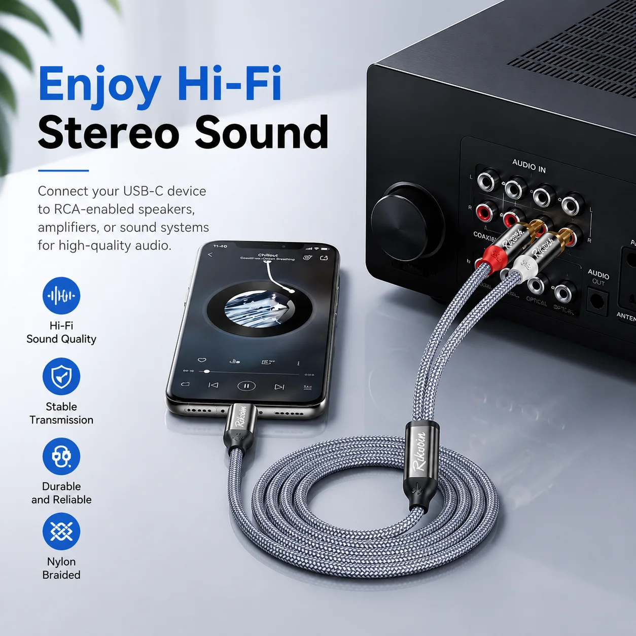 Premium USB C to RCA Audio Cable with DAC for High-Quality Sound Output