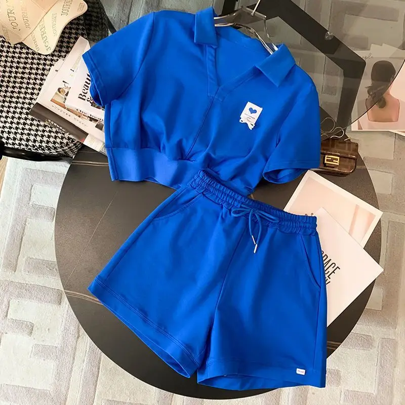 Elegant Fashion Harajuku Slim Fit Female Clothes Loose Casual All Match Solid Shorts Patchwork Short Sleeve Tops Two Piece Set