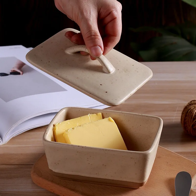 Ceramic Butter Dish With Lid Vintage Porcelain Butter Stick Storage Holder Plate Organizer With Handle Dishwasher Safe