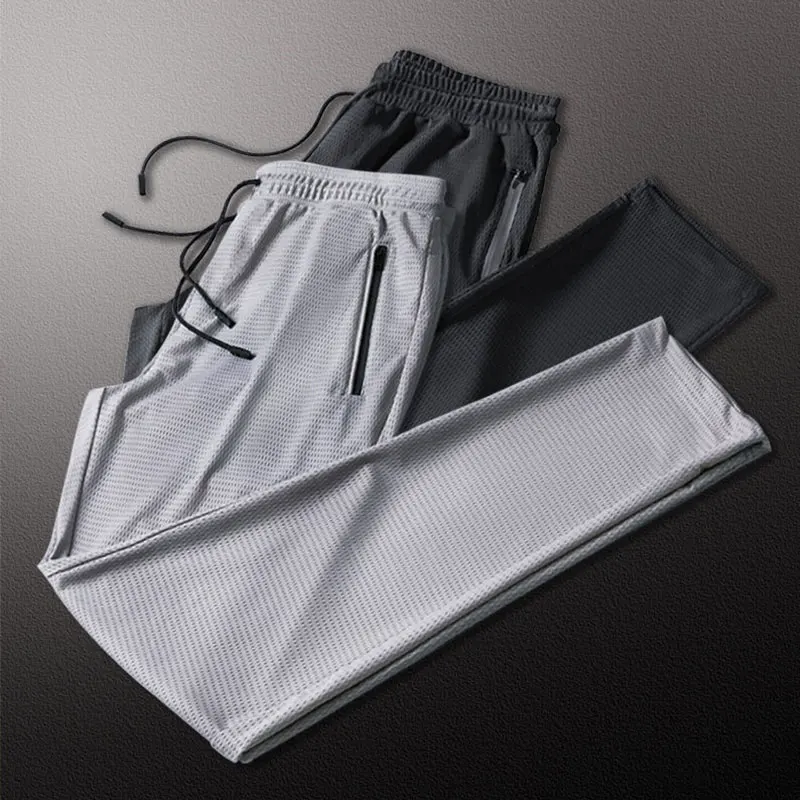 Mesh Summer Ice Silk Sweatpants Men's Loose Breathable Pants Belted Trousers And Straight-leg Solid Trousers Cool Sweatpant men casual pants