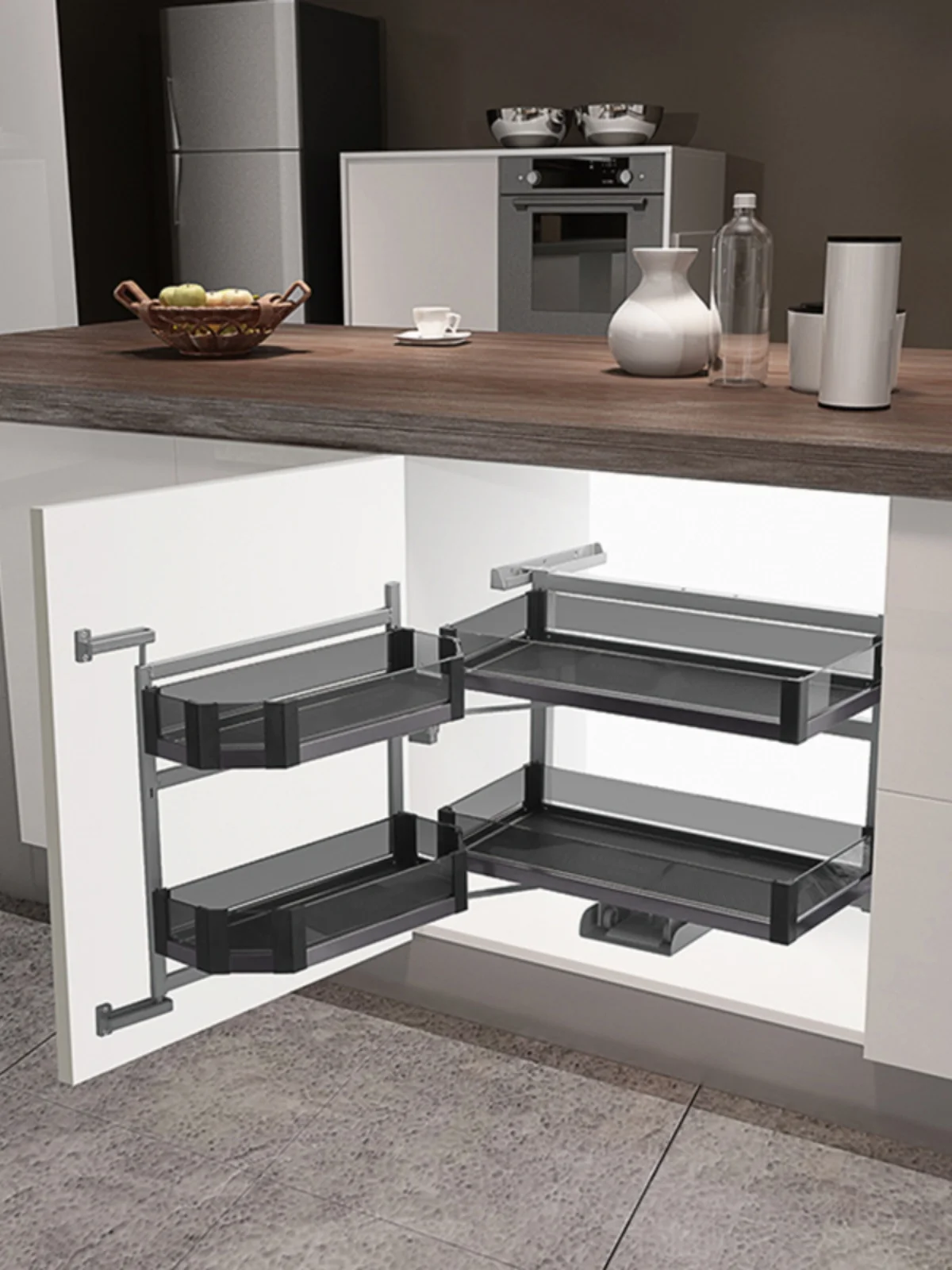 Open door type black crystal bottom cabinet connected pull basket aluminum alloy kitchen cabinet storage built-in storage rack