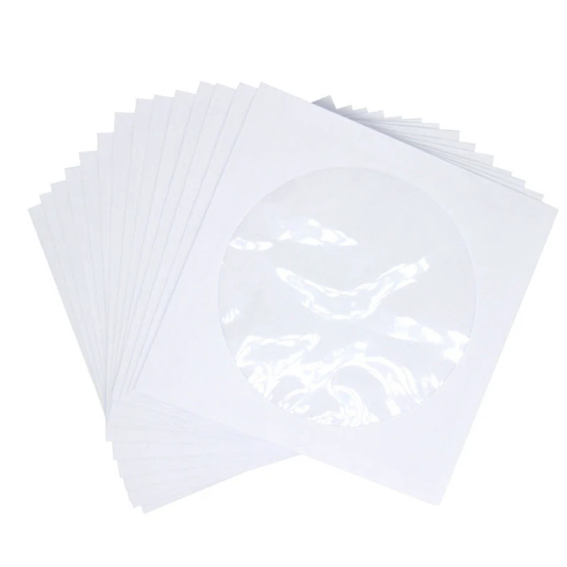CD DVD 슬리브, CD 미디어 용지 봉투 슬리브, 투명 창 닫기 플랩, 흰색, 100 팩 거치대