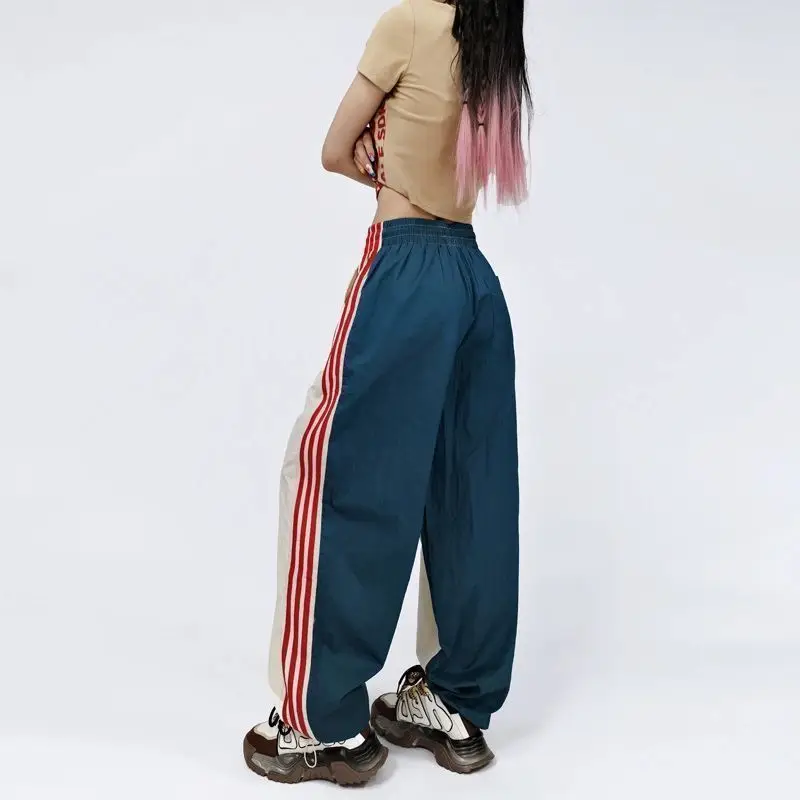 Mode Retro Patchwork Gestreepte Trekkoord Sport Trendy High Street Elastische Losse Broek Met Hoge Taille En Wijde Pijpen