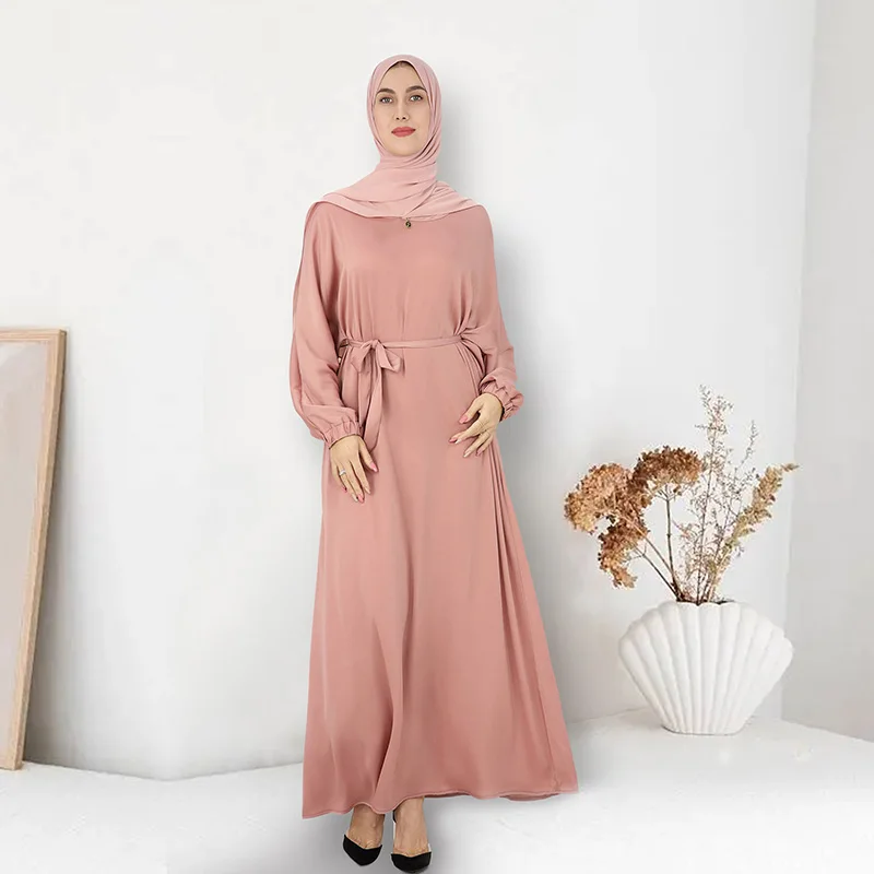 

Modest Satin Crepe Butterfly Abaya Ironless Islamic Clothing Ramadan EID High Quality Prayer Maxi Dress Side Pockets with Belt
