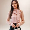 Fashion Solid Color Hollow Women Clothing Elegant Long Sleeve Tie Bow Chiffon Blouse Spring Stand Collar Formal Shirt 0599 30