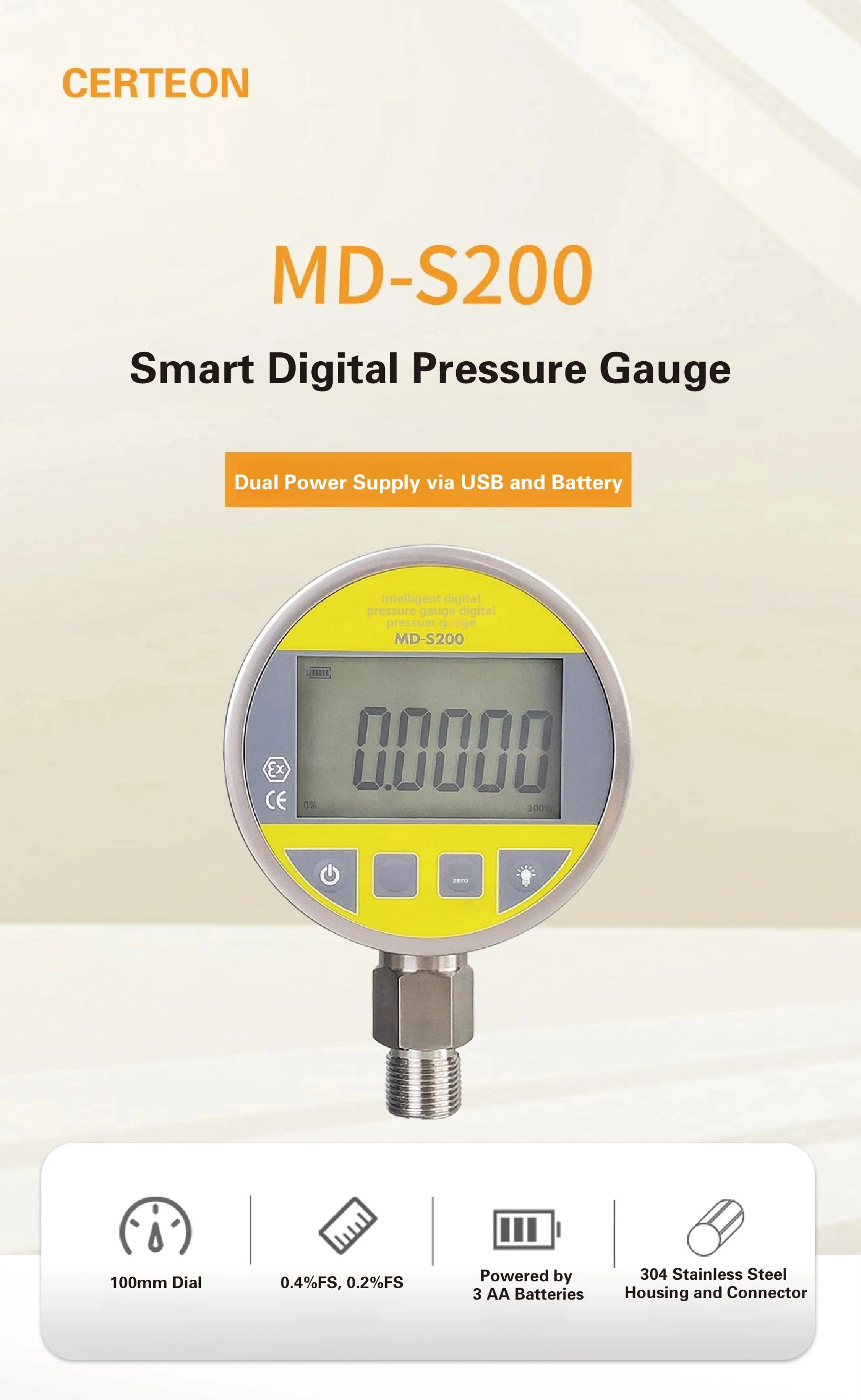 MD-S200 Digital Pressure Gauge -0.1–160MPa High Precision LCD Display Battery US