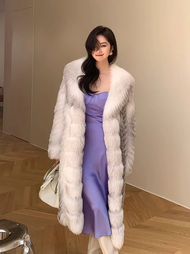 Rare Big Brand Cross Fox Whole Skin Fox Fur Coat Warm