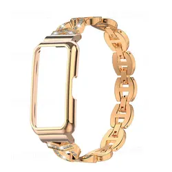 Diamond Metal Strap Case Protector and Bracelet with Protective Frame for Huawei Band 10-9-8-7 (Rose)