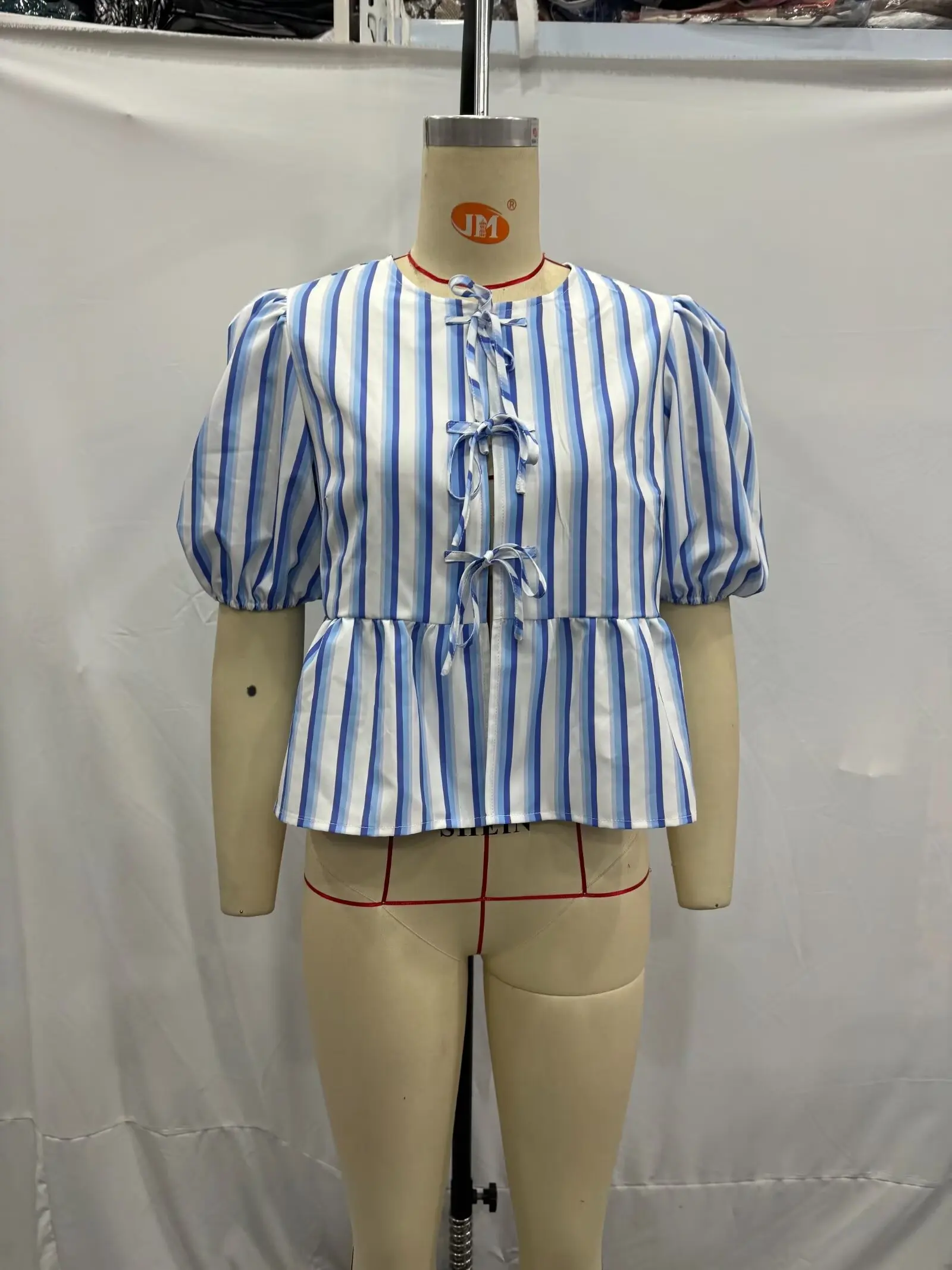 Description Picture 3 of itemTRAFZA 2024 Summer Women's Blue Striped Cropped Tops Short Sleeve Puff Sleeves Lace Up O Neck Blouse Y2K T Shirts Elegant Style