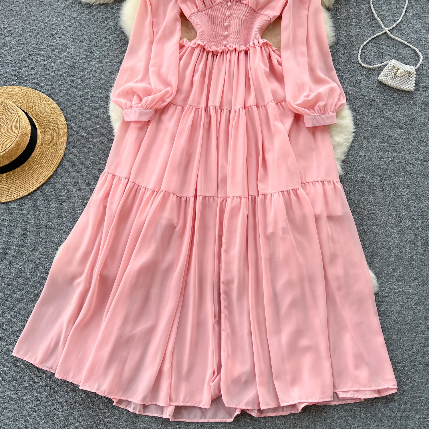 Vintage Chiffon Long Dress Women Elegant V-neck Long Sleeved Casual Dresses French Pleated Slim A-line Long Robe Vestidos