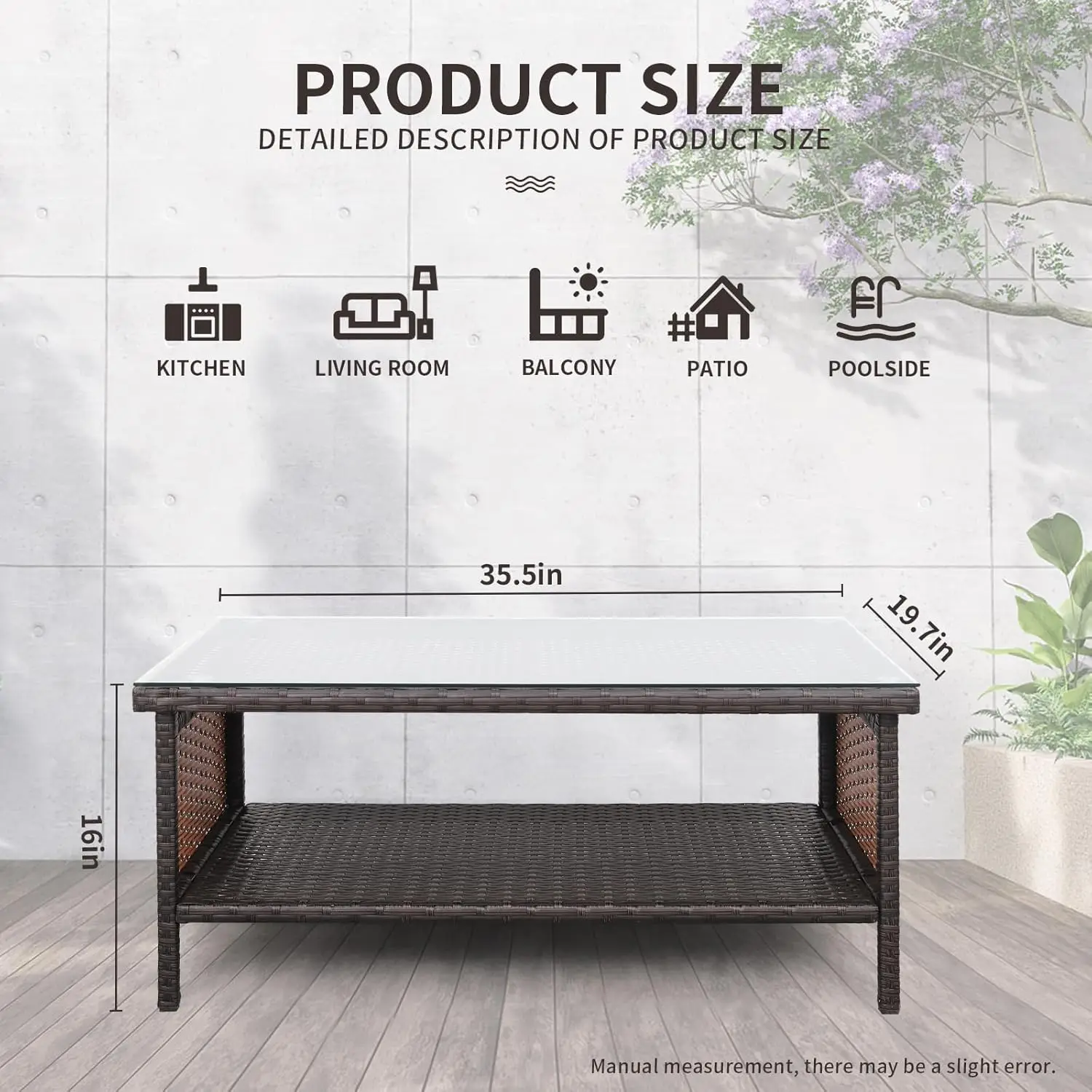 Outdoor PE Wicker Coffee Table - Patio Rattan Garden Side End Tea Table with Glass Top Furniture, Brown