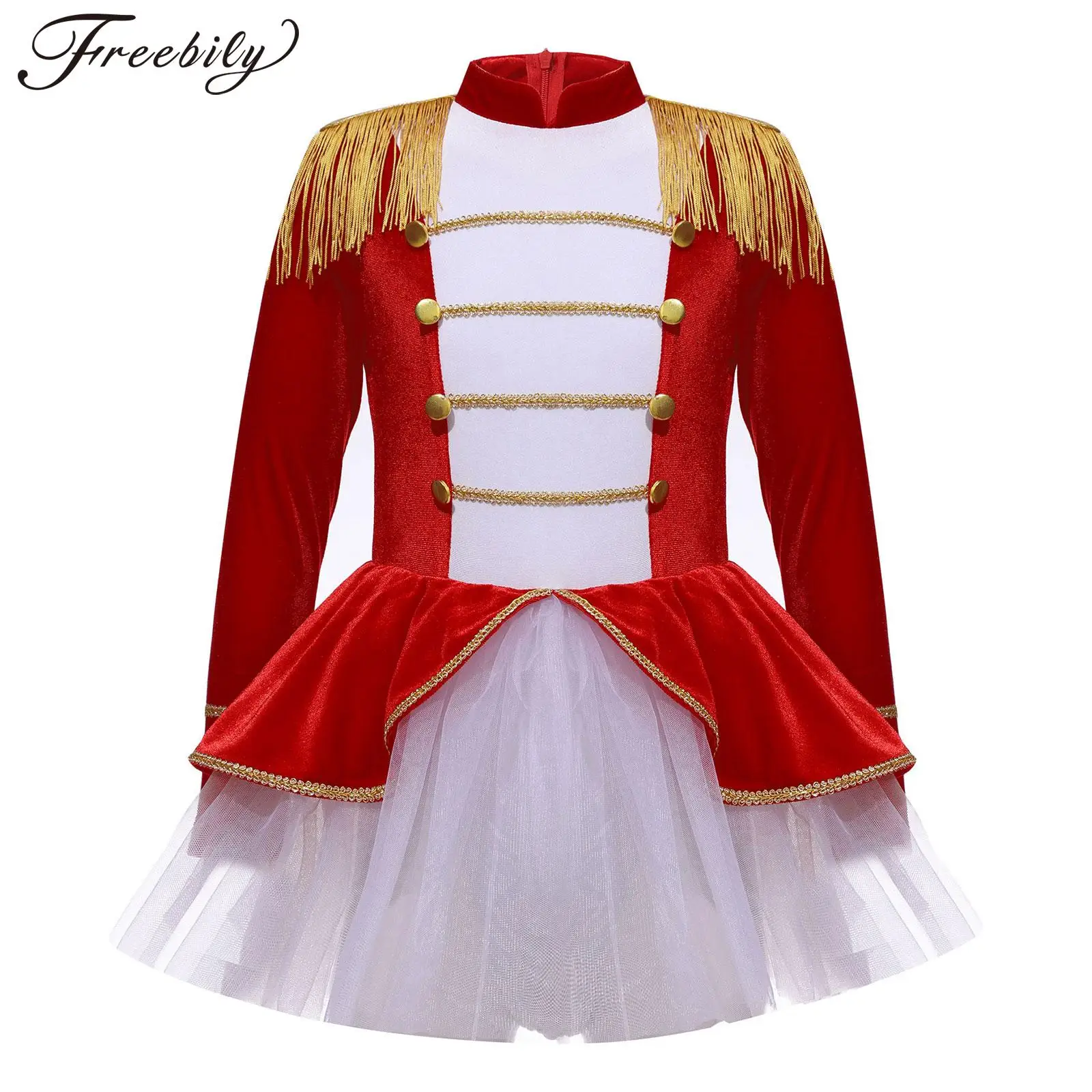 

Kids Girls Halloween Circus Ringmaster Cosplay Costume Long Sleeve Mesh Tutu Leotard Dress for Christmas Festival Theme Party