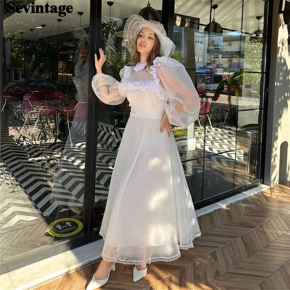 

Sevintage Elegant Ivory Prom Dress Organza Lace High Neck Long Puff Sleeves Ankle Length Princess Evening Dress robes de soirée