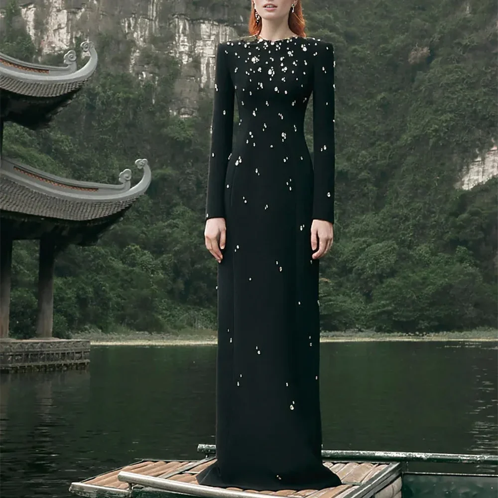 

ROYET Black Luxury Crystals O Neck Vintage Style Prom Of Woman Dress Floor Length Sweep Train Long Sleeve Evening Woman Gown
