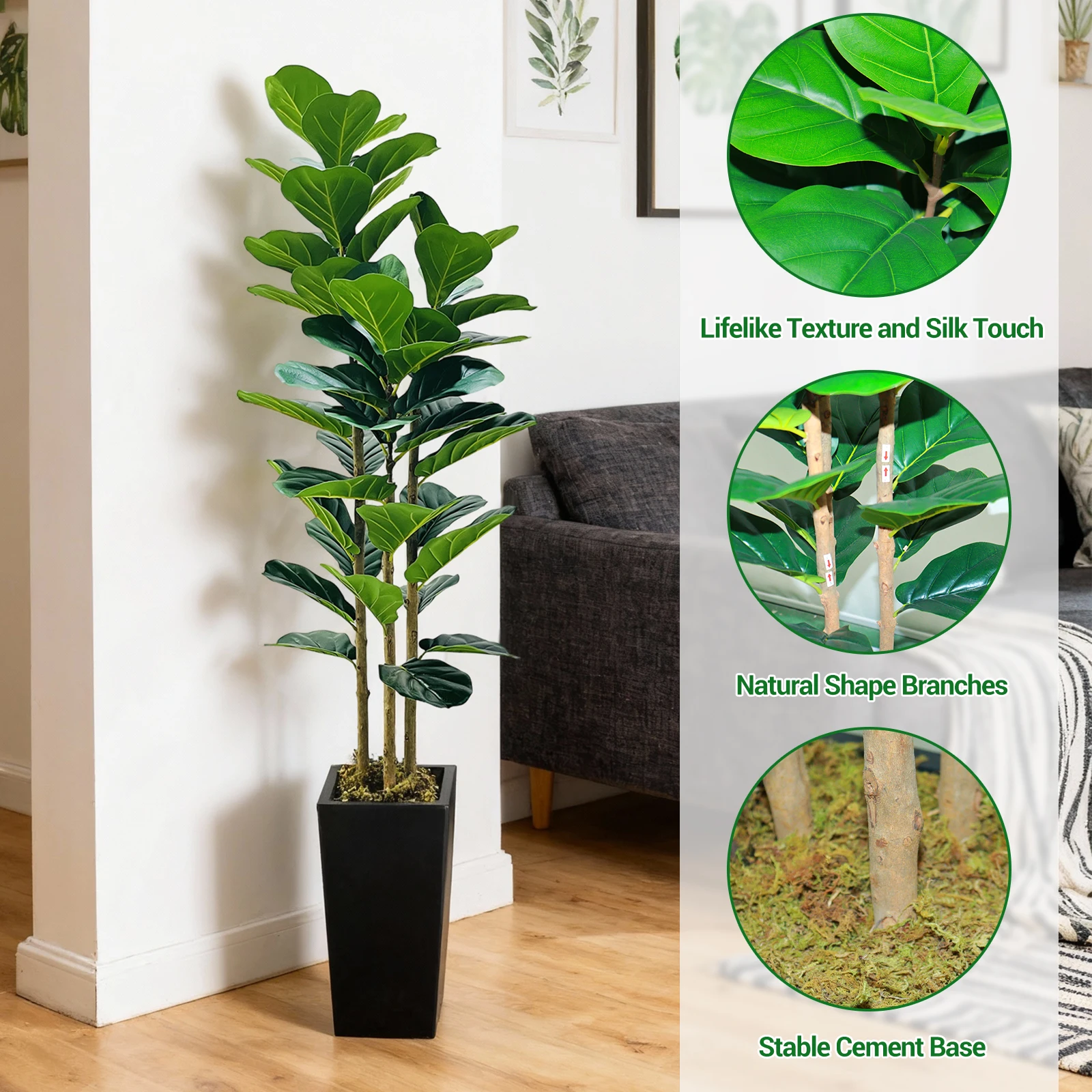 150–180 cm künstlicher Geigenblatt-Feigenbaum mit Pflanzgefäß, künstlicher Baum mit Naturholzstamm, künstlicher Ficus-Baum für die Heim- und Bürodekoration – Detail 3