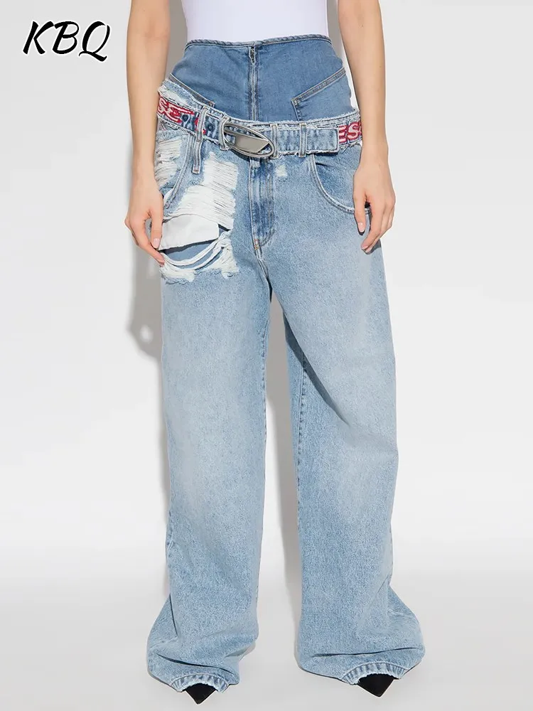 KBQ Spliced Belt Ripped Chic Mopping Jeans For Women High Waist Colorblock Loose Streetwear Wide Leg Denim Pants Female Clothing