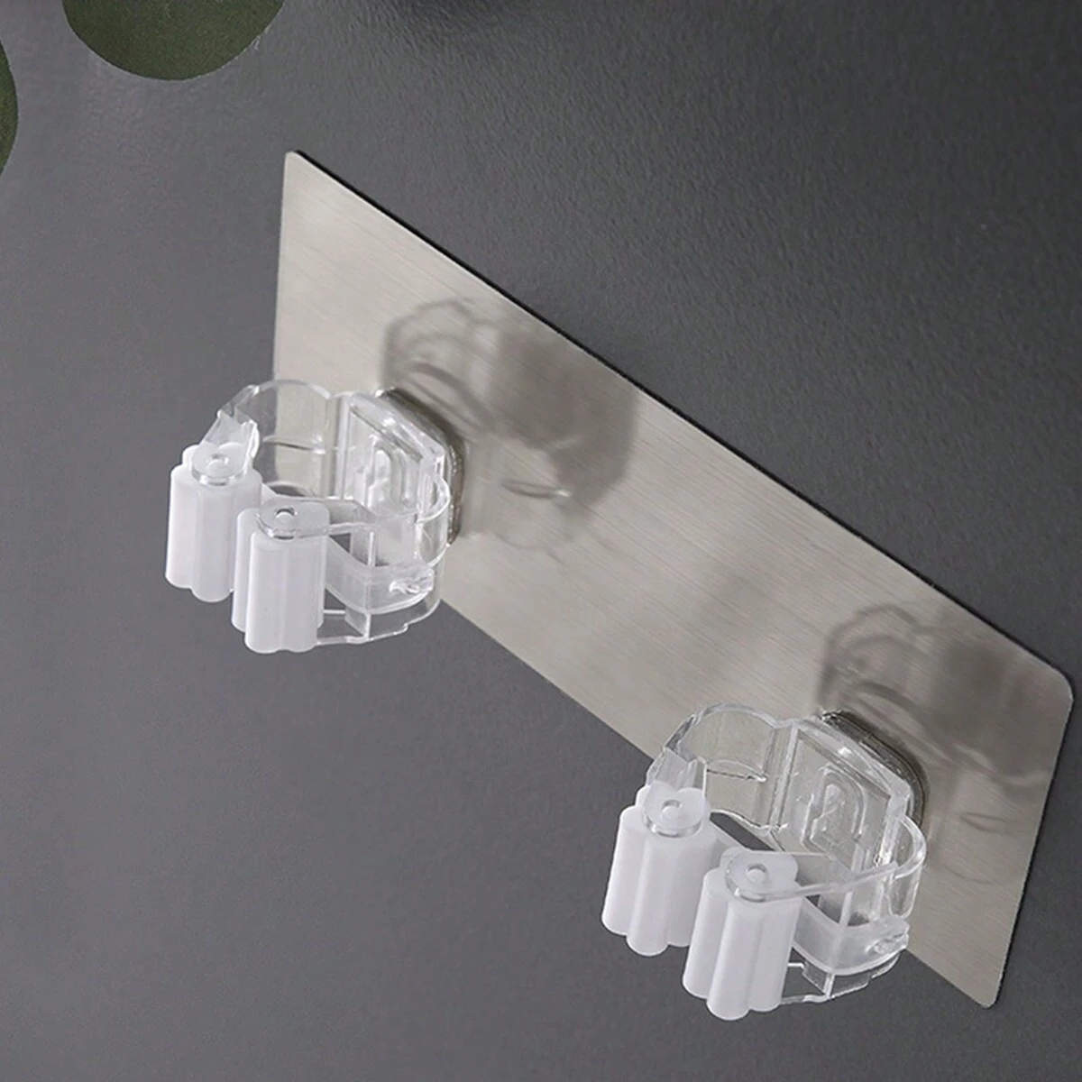 Dual hole self-adhesive mop holder, wall mounted mop and broom storage