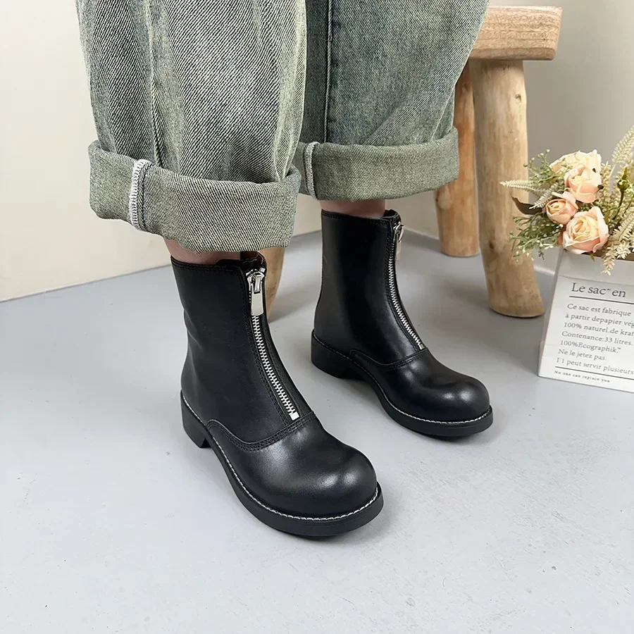 

Birkuir Thick Heel Ankle Boots For Women Handmade Front Zip Short Boots Sewn Genuine Leather 2023 New Mixed Colors Luxury Boots