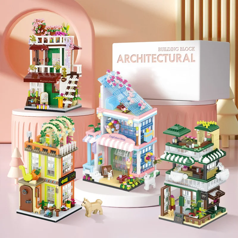 Creative Micro Diamond Block City Street View Cupcake Coffee Cake Music Bar Live Show Florist Building Brick Toy Nanobricks
