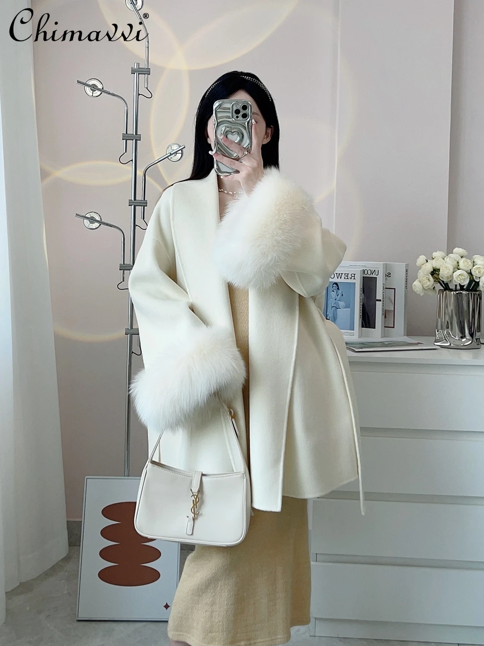 

2023 Winter New Light Luxury Mid-Length Belt Fox Fur Jacket Women's Fashion Double-Faced Woolen Cashmere Wool Overcoat Cape