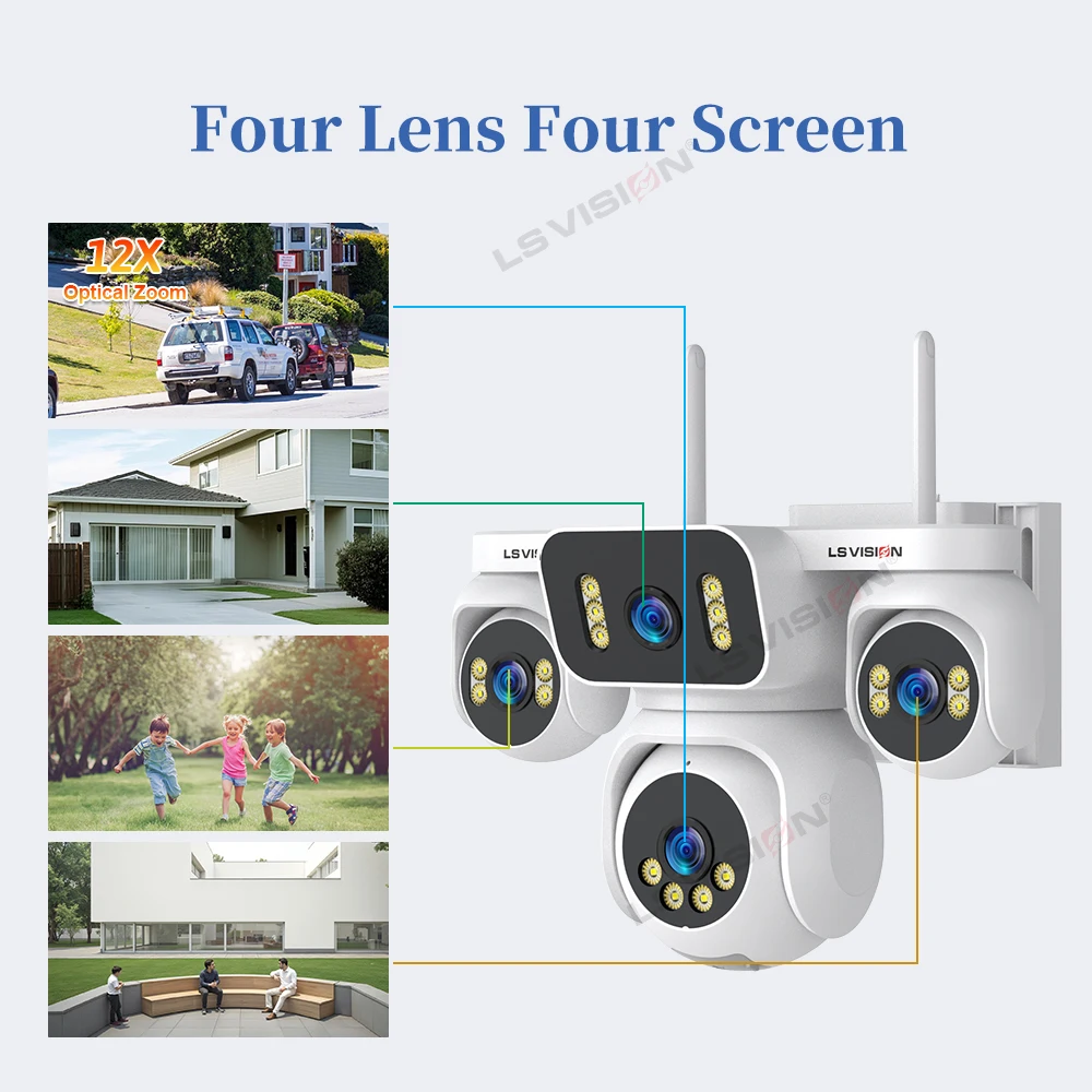 LS VISION 20MP 12X Optical Zoom Four Screens AOV 4G Solar Camera Outdoor 4-Lens 24/7 Video Recording Auto Tracking CCTV Cameras
