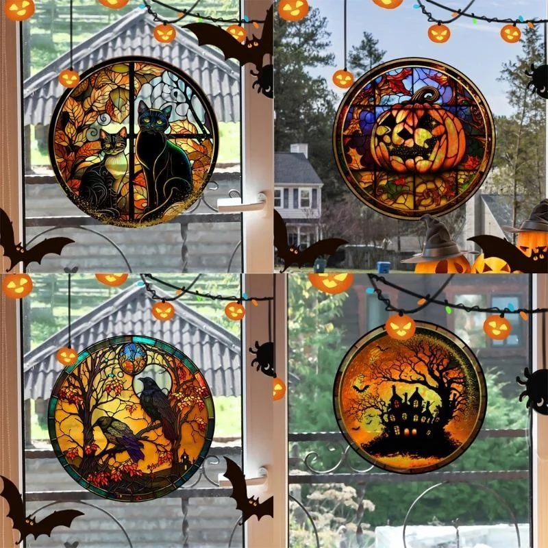 

Halloween Stained Colorful Horror Castle Cat Static PVC Window Glass Stickers Glue Free Decorative Film Party Home Decoration