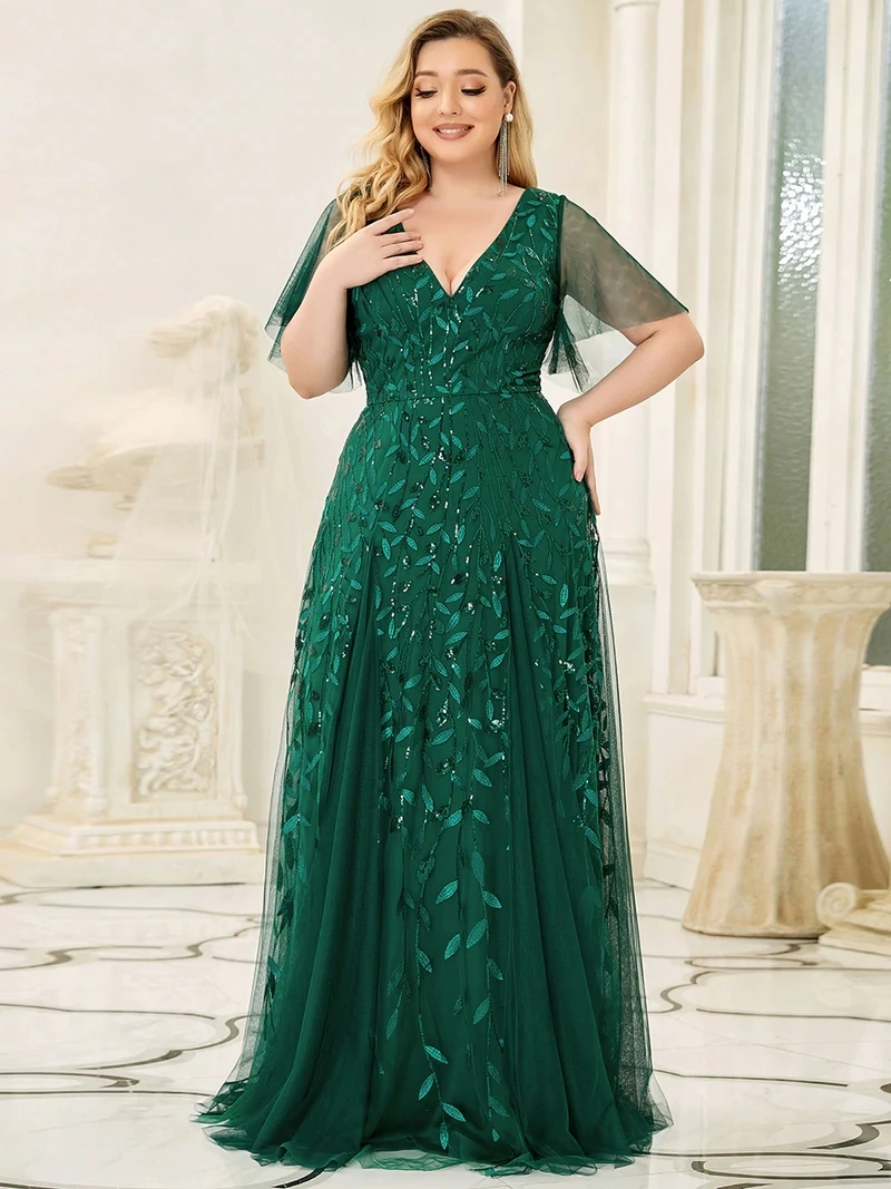 Plus Size Evening Dresses Long A-LINE Deep V-Neck Half Sleeves Floor-Length  Gown 2024 Ever Pretty of GauzeDark Green Women Dress