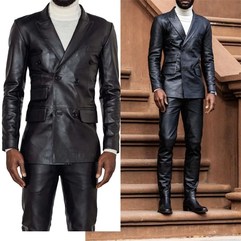 PU Leather Men Suits Set 2 Pcs Blazer Pants Wedding Tuxedo Prom Dress Formal Double Breasted Party Jacket