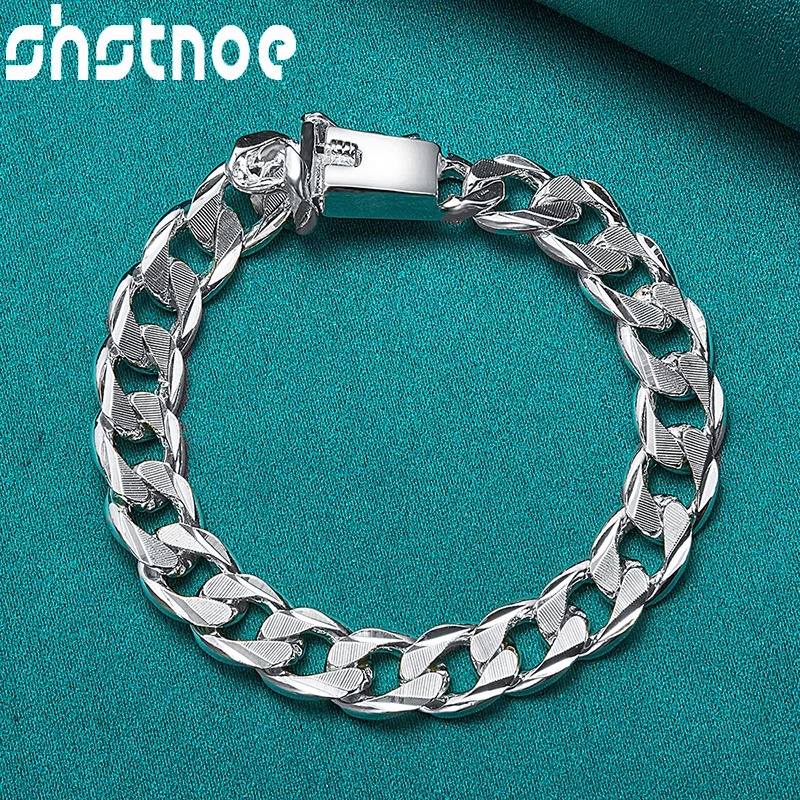 

SHSTONE 925 Sterling Silver 20cm Chain 10mm Side Square Buckle Charm Bracelets For Women Men Party Gift Lady Jewelry Accessories