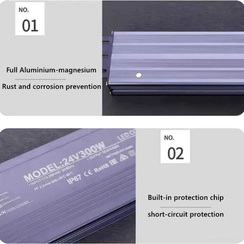 Waterproof Outdoor LED Driver, 12V/24V Power Supply, 10W-500W Transformer, IP67 Rated