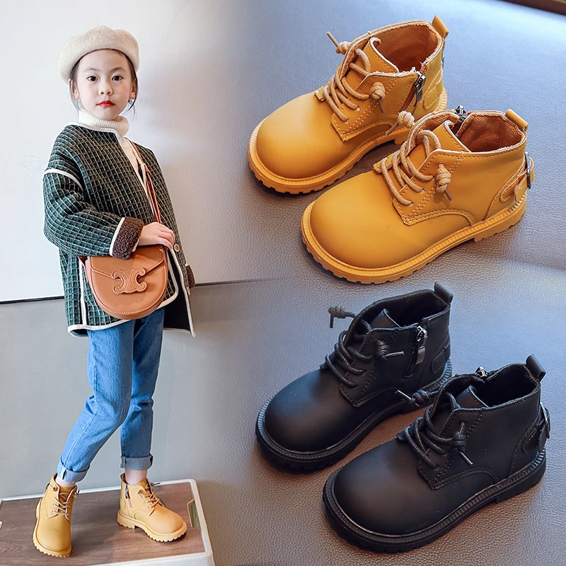 Botas de moda niños de 2 a 7 años, zapatos para niños y niñas, botines de zapatos de cuero informales, color negro y amarillo| | - AliExpress