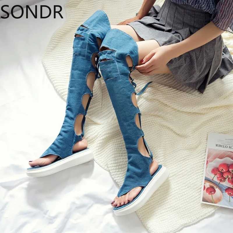 Jeans da donna in Denim sopra il ginocchio sandali allacciati scava fuori  Tong Toe slingback scarpe da spiaggia estive taglie forti gladiatore  2022|Middle Heels| - AliExpress