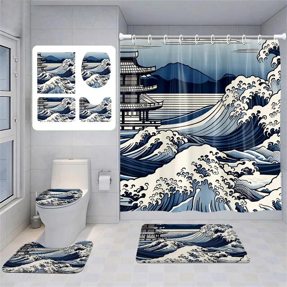 Japanese Style Retro Landscape Shower Curtain Bathroom Partition Curtain  bathroom set with shower curtain and rugs 2