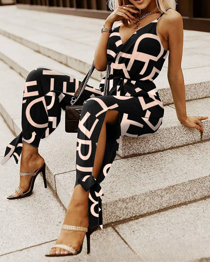 Sweet Fashion Jumpsuit 2023 Summer European & American Women's Black Sexy Suspender Side Slit Jumpsuits