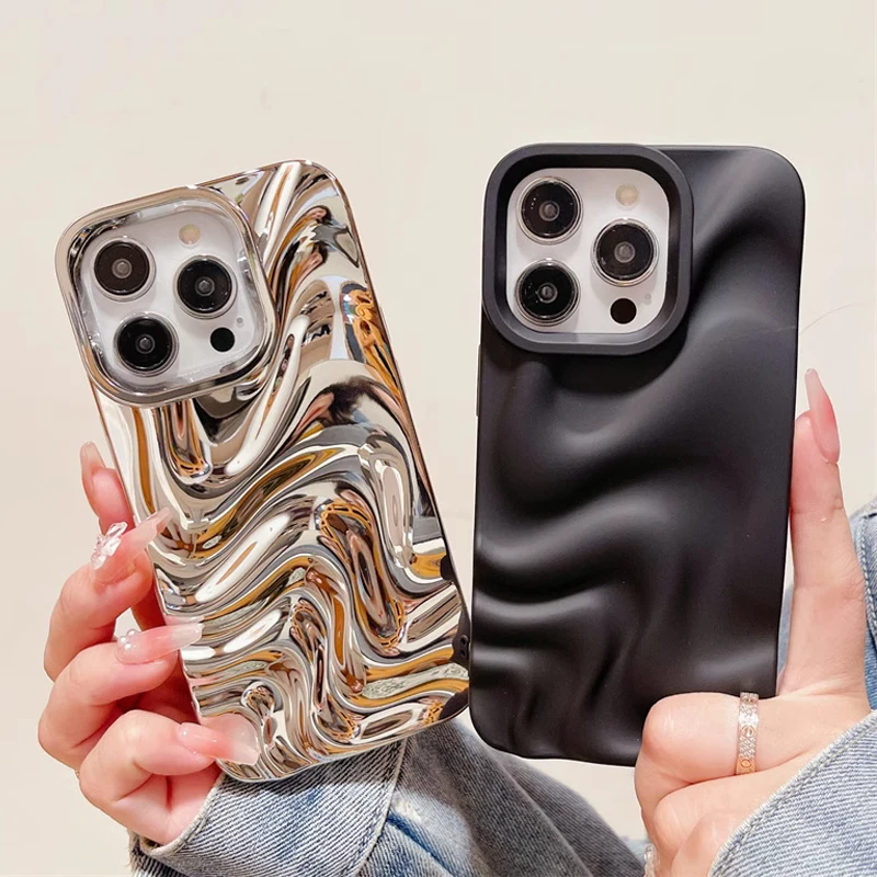 Luxury Plating Silver 3D Wave Pattern Case For iPhone 14 13