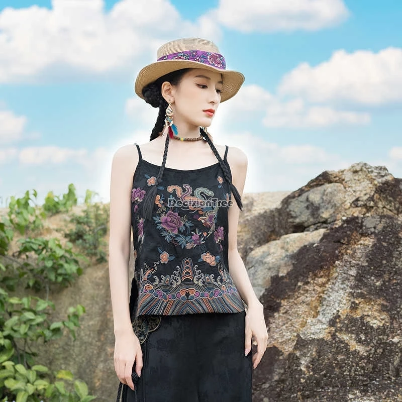 chinese ethnic style women loose style new retro suspenders embroidery flower sleeveless base daily short vest top t001