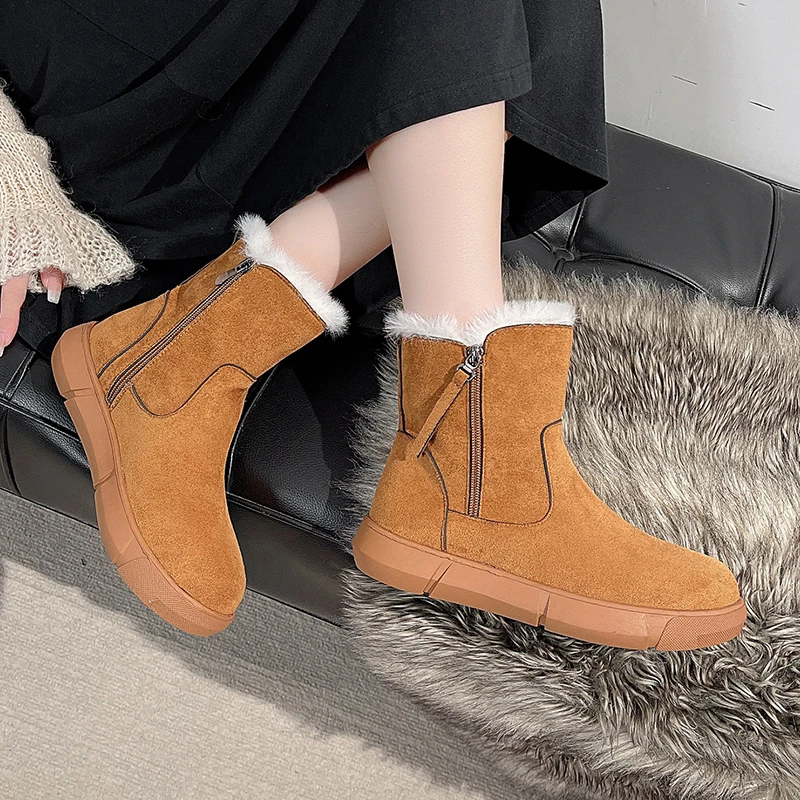 

Короткие плюшевые женские ботинки на платформе, новинка 2023, зимние теплые женские замшевые ботинки для снега, короткие ботинки на молнии с круглым носком, женская повседневная обувь