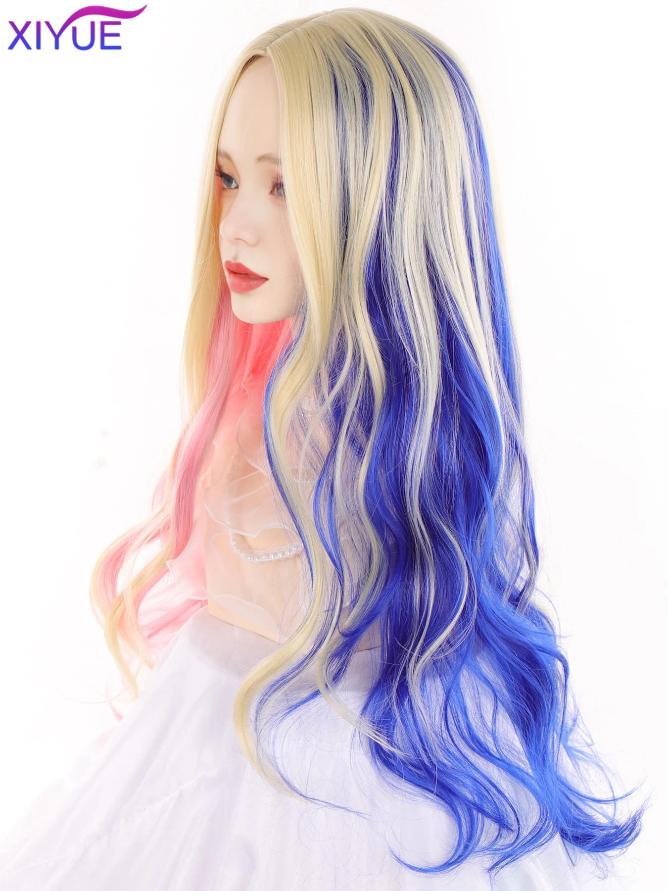XIYUE Synthetic Long Wavy Rainbow Ombre Blonde Blue Red Wig with Bangs Lolita Cosplay Fluffy Women Hair Wig for Daily Party ﻿